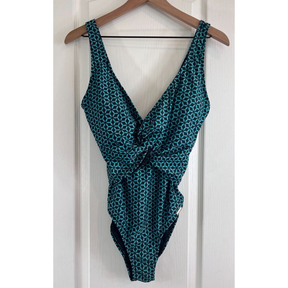Nicole Miller Twist Front Plunge Green Black Print One Piece Swimsuit Women's M